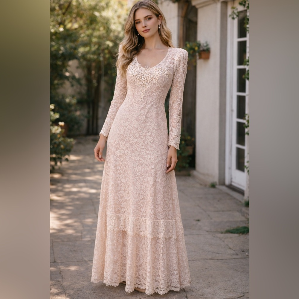 Vintage Samuel Scott Romantic Beaded Lace Maxi Dress Set Champagne Pink Size 12